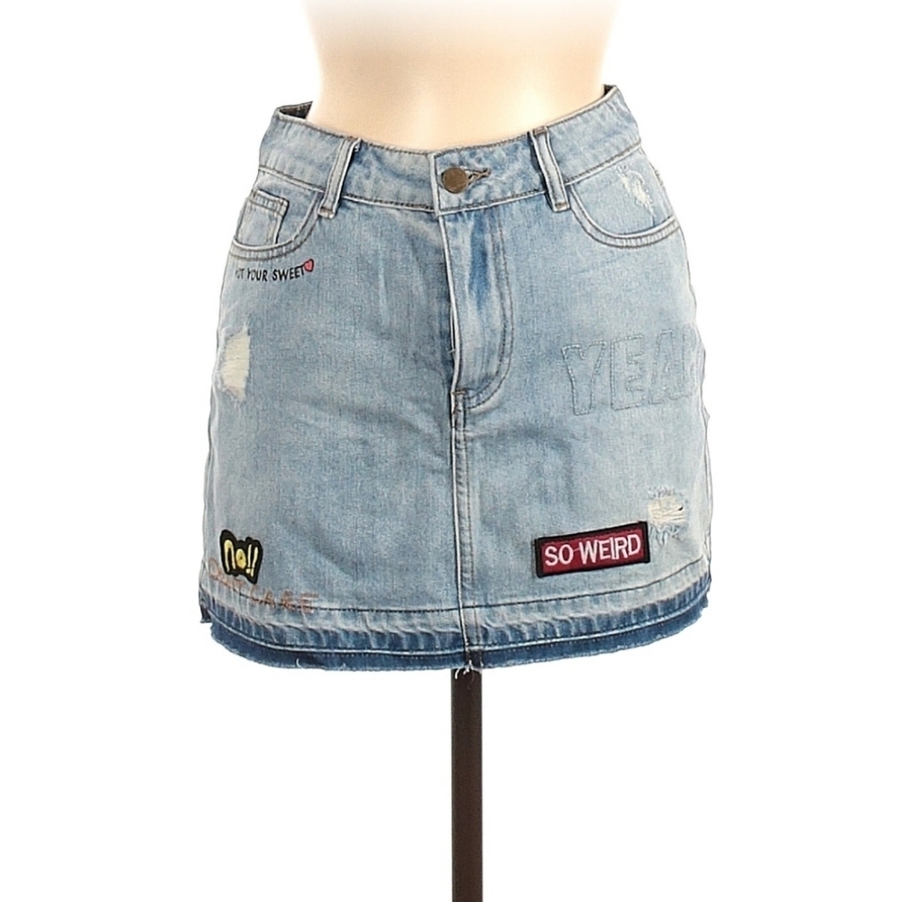Y2K Patch Denim Mini Skirt Sz 6 Juniors Distressed Quote‎ Embroidery NWT